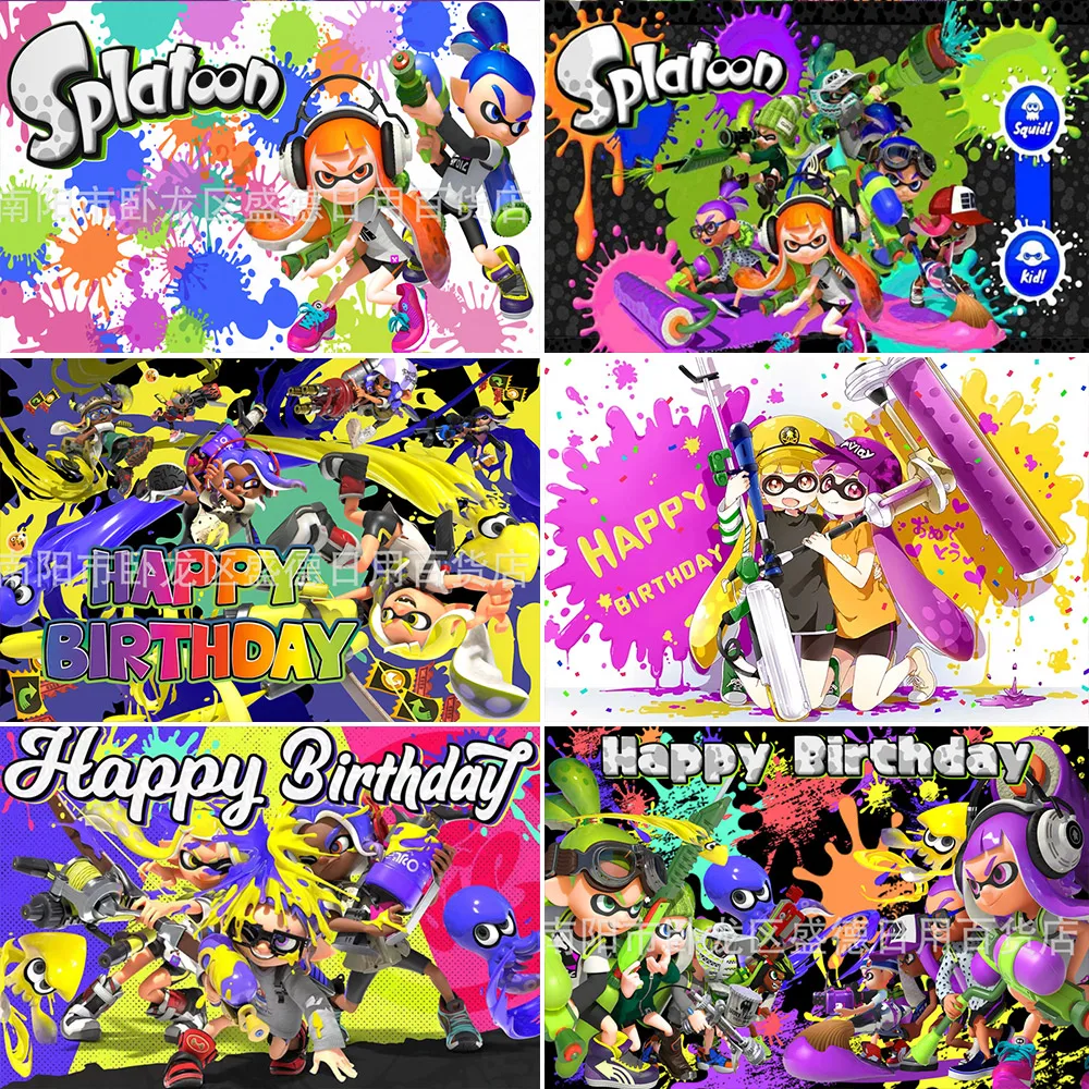 Splatoon Cartoon Game Party Backdrop Decoration Kids Birthday Photography Backgrounds Colorful Spraying Baby Shower Photo Props