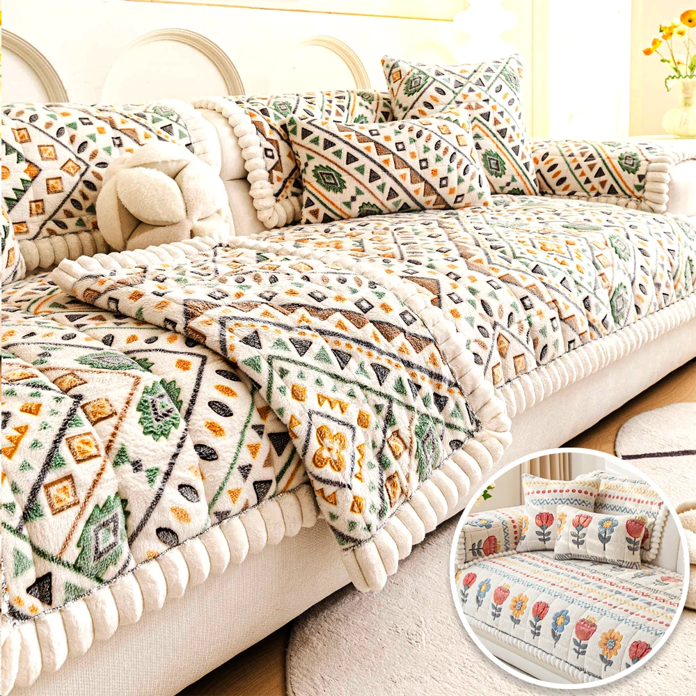 

Embroidery Anti-slip Sofa Cover Soft Thicken Quilted Sofa Cushion Furniture Protector Snowflake Velvet Sofa Cover Bay Window Mat