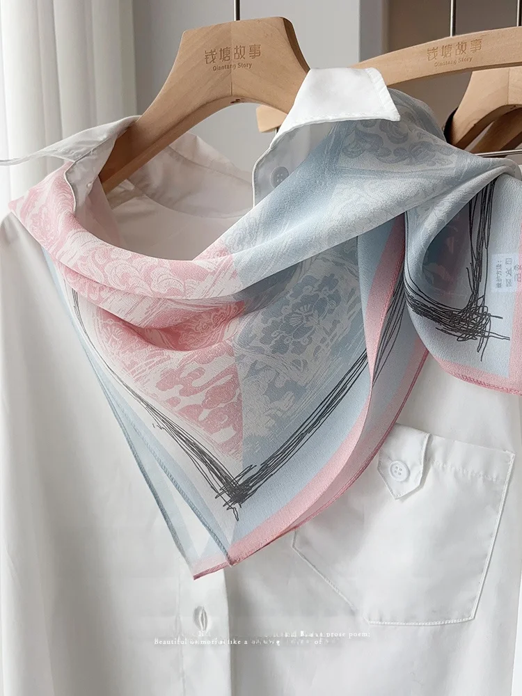 芸術的なパッチワークシルクダブルガーゼスカーフ女性用優しいピンクトーンマルベリーシルク多用途ネックスクエアスカーフ韓国風プリント