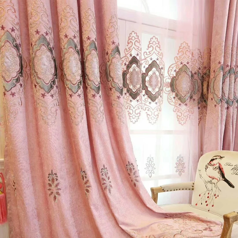 ขนาดที่กําหนดเอง!!ยุโรปสไตล์หรูหราสีชมพูสาวอบอุ่นม่านบังแดดปักผ้าม่านหรูหราสําหรับห้องนั่งเล่นห้องรับประทานอาหารตกแต่งห้องนอน