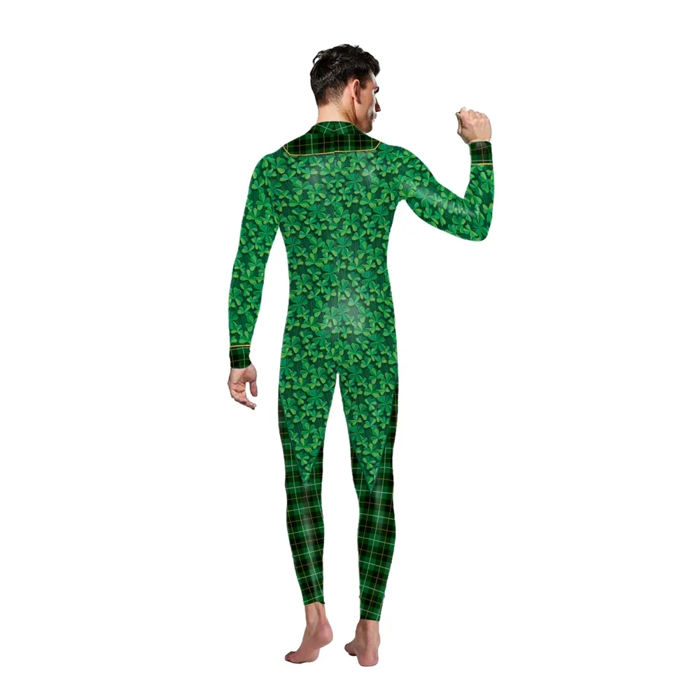 St. Patrick's Day Herren-Overall, grüner Party-Body, Kleeblatt-Muster, dünner Catsuit, 3D-Druck, Festival, Zentai-Anzug, Erwachsenen-Outfit