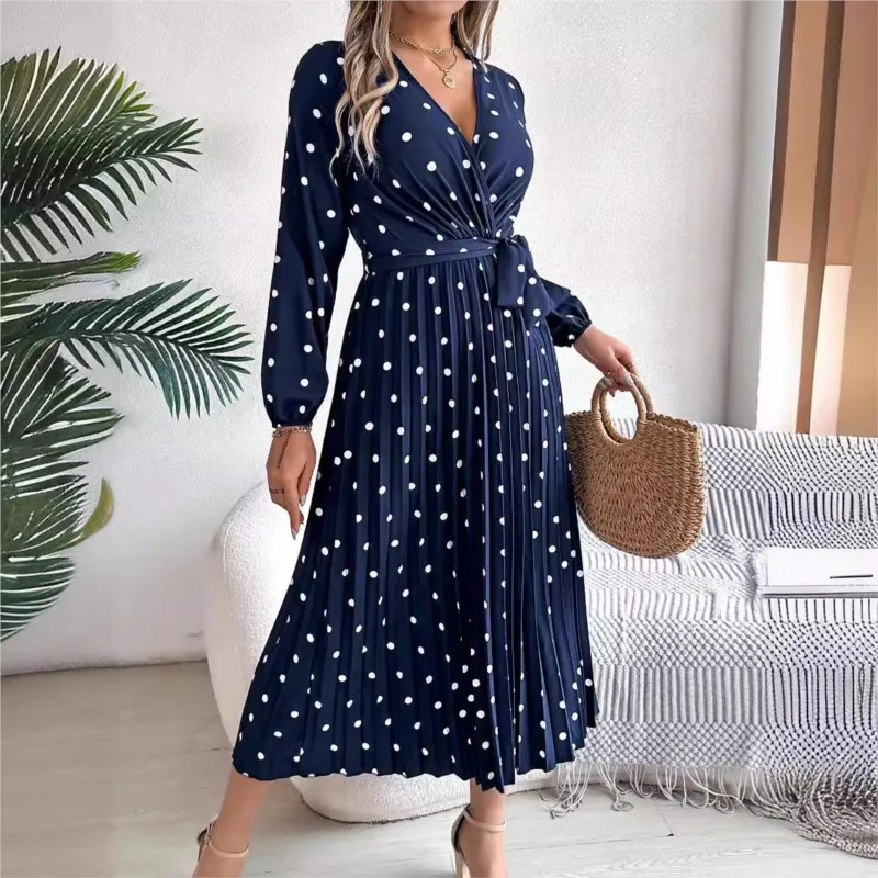 Autumn Winter Elegant Contrasting Wave Dot Cross V-neck Pleated Long Dress 2024 Elegant Women's Lace Up Pullover Big Swing Dress