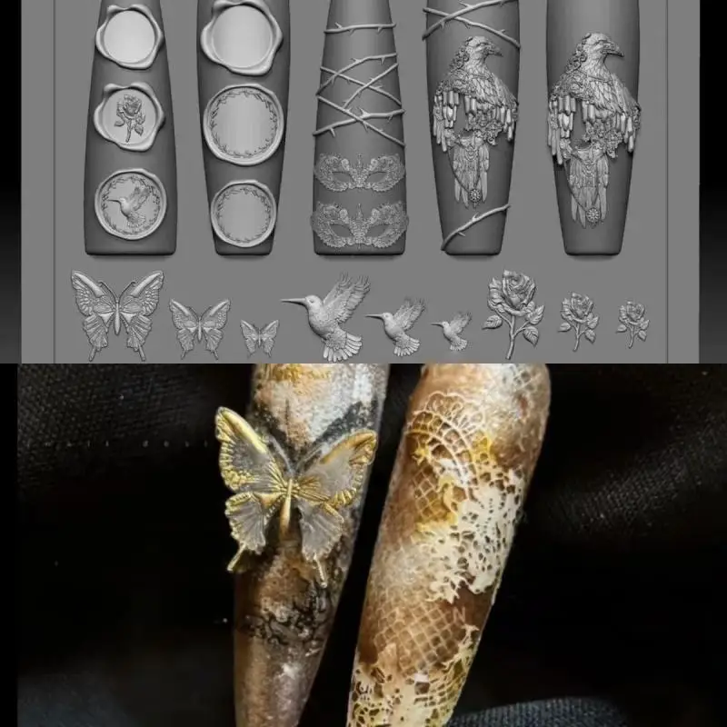Molde de silicone para arte em unhas, retrô, corvo, rosa, borboleta, águia noturna, 3d, decoração de arte em unhas, design diy, molde transparente