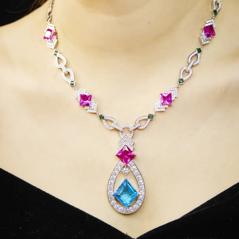 Designer Collection Style Women Dinner Party Jewelry Sets Settings Pink Rose Red Rhombus Cubic Zircon Pendant Necklace Earrings