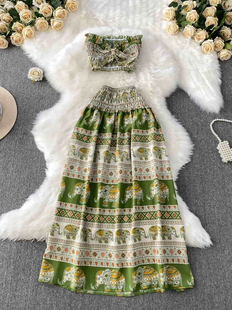 

Summer green cross printed sexy pleated strapless top elastic high waisted half skirt vacation beach style two piece set
