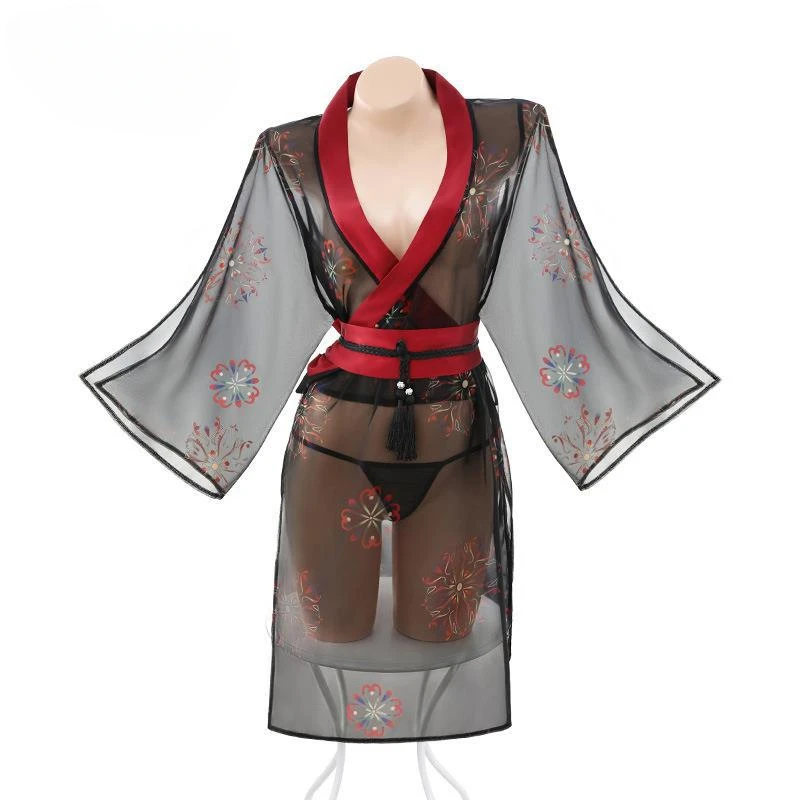 Japanese Sexy Kimono Printed Bathrobe Cosplay Perspective Costume Belt Set Women\'s Traditional Chiffon Underwear Deep V Pajamas