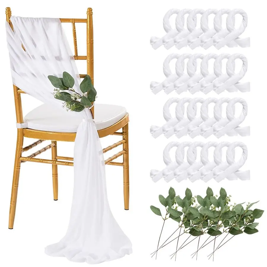 

White Chair Sashes Wedding Aisle Decorations 24 Packs 8ft Long Draping Fabric Sheer Church Chair Cover Bulk for Party Banquet