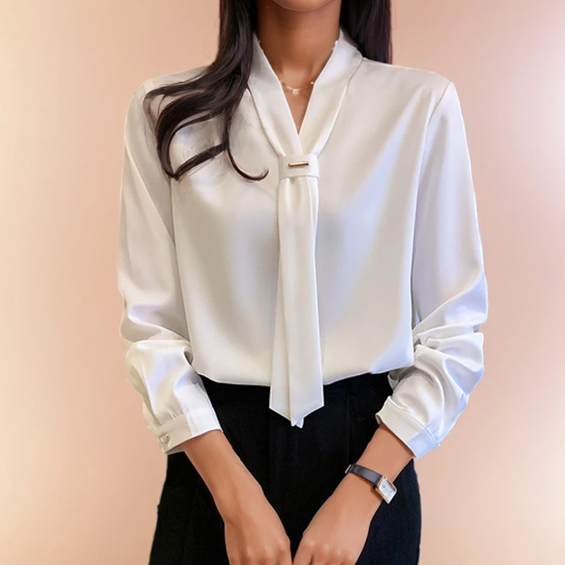 Fashion Chiffon Women Blouses and Tops Elegant Office Long Sleeve White Shirt with Tie V-Neck Loose Female Clothing Blusas 13022