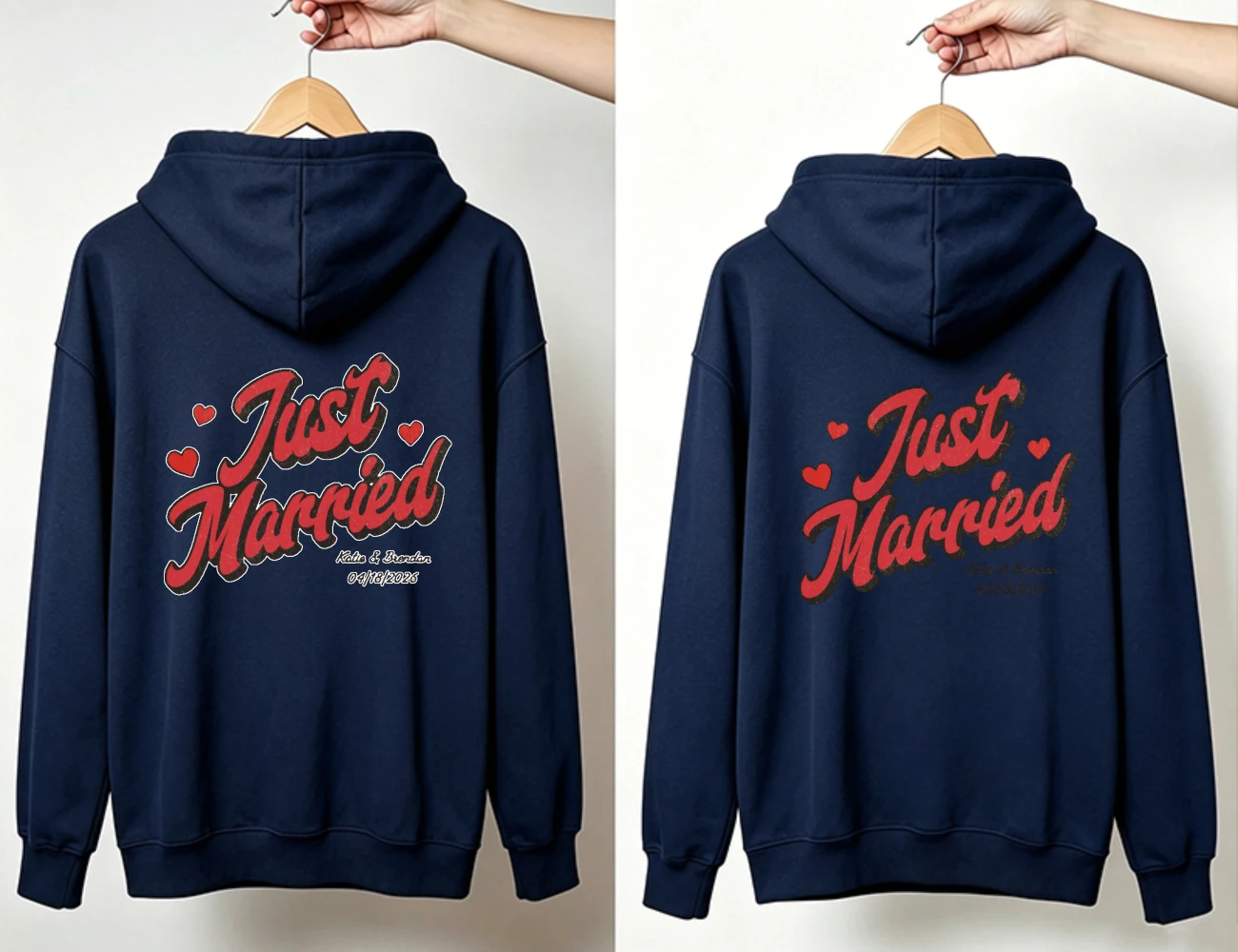 Personalized Just Married Couple Matching Hoodie Custom Names & Wedding Date Retro Script Graphic Beige Hooded Sweatshirt Loose