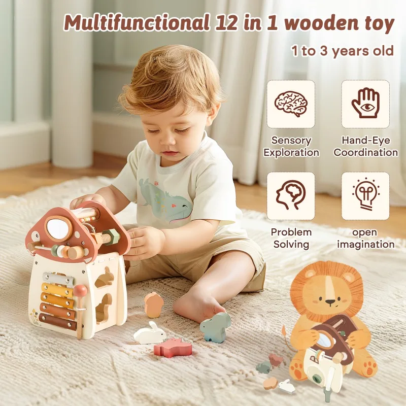 Baby Speelgoed Houten Puzzel Druk Huis Paddestoel 5-in-1 Baby Praktijk Ontgrendelen Speelgoed Montessori Onderwijs Wiskunde druk Bordspellen Gift