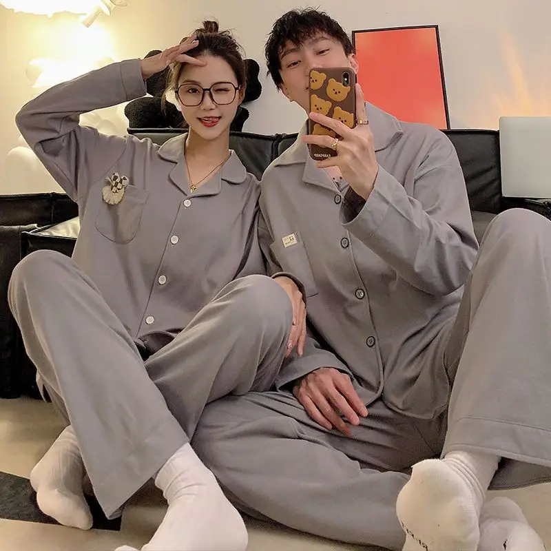 Couple Pajamas Men Comfortable Leisure Home Wear Women Can Be Worn Outside Sleepwear Ladies Solid Turn-down Collar Nightdress