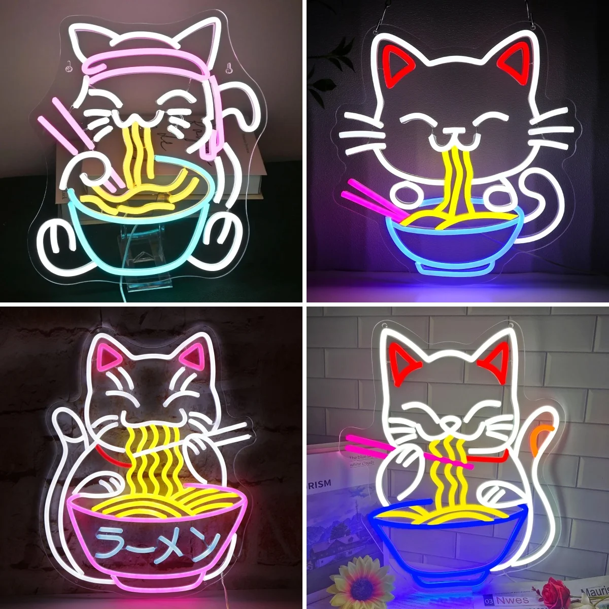 

Fortune Cat Ramen неоновая светодиодная вывеска с регулируемой яркостью японский Lucky Cat лапша украшение комнаты для ресторана домашний бар кухня столовая