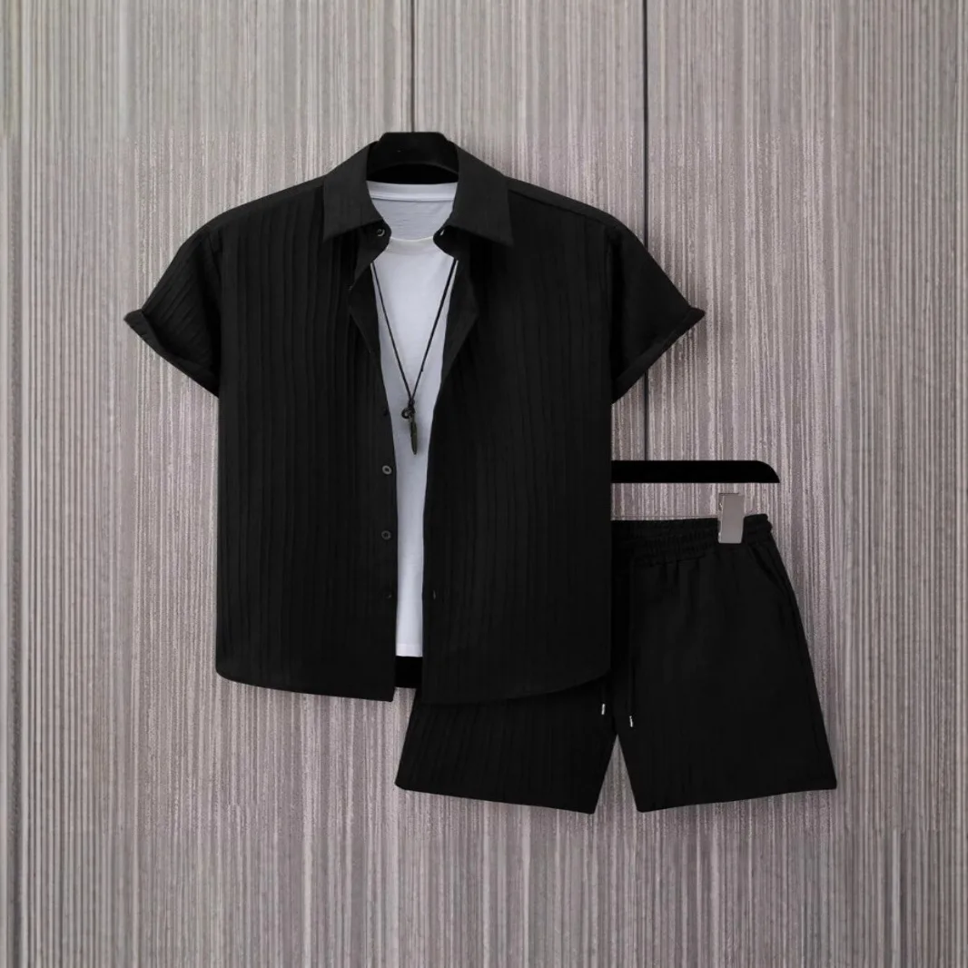 Summer New Men's Short-sleeved Shirt Shorts Set Casual Thin Breathable view 2