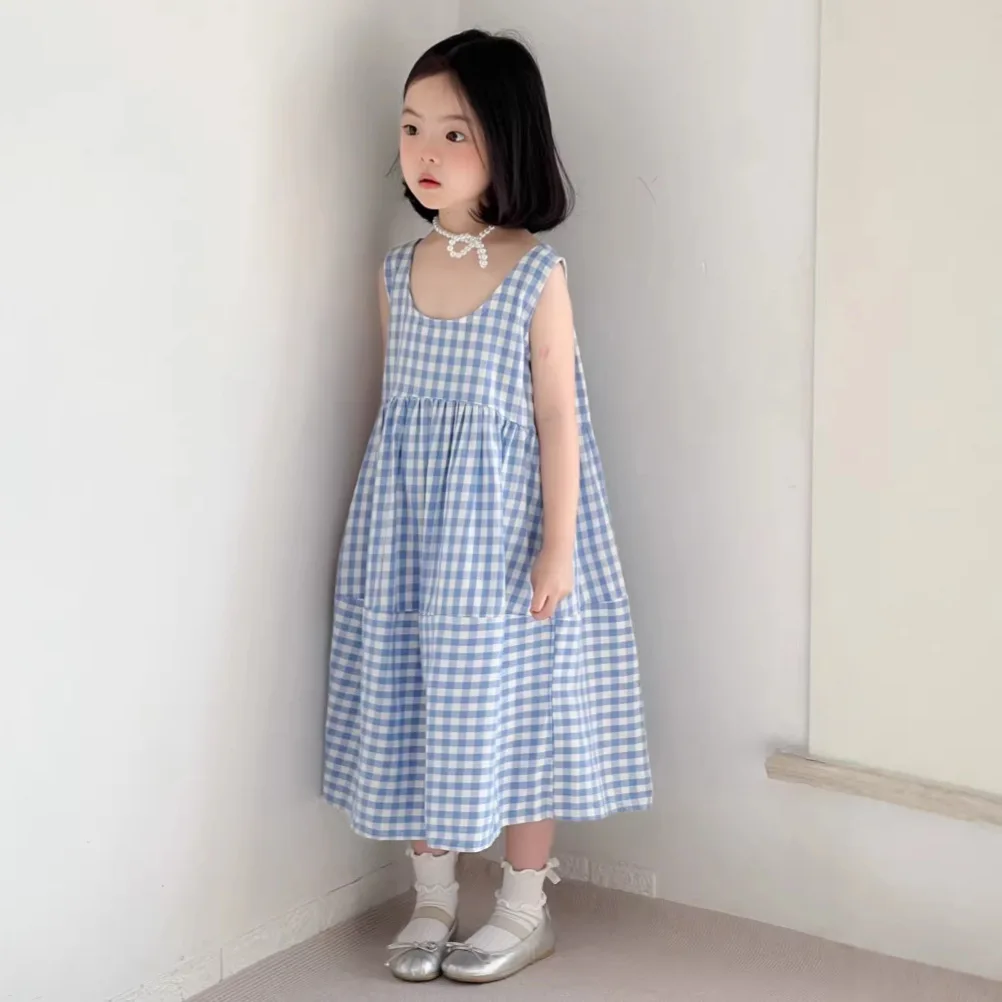 

Girls' Dress 2026 Summer New Children's Sweet Princess Baby Girl Blue Checkered Vacation Style Vest Skirt