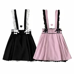 Falda corta de tirantes con lazo de encaje para niñas, minifaldas de línea A, estilo japonés, Lolita, Harajuku, color negro y rosa