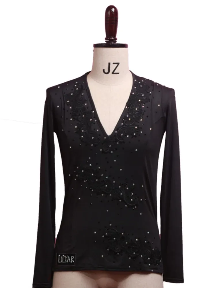 High End Men's Latin Dance Performance Competition Clothing Black Long Sleeved V-neck Embroidered Rhinestone Style