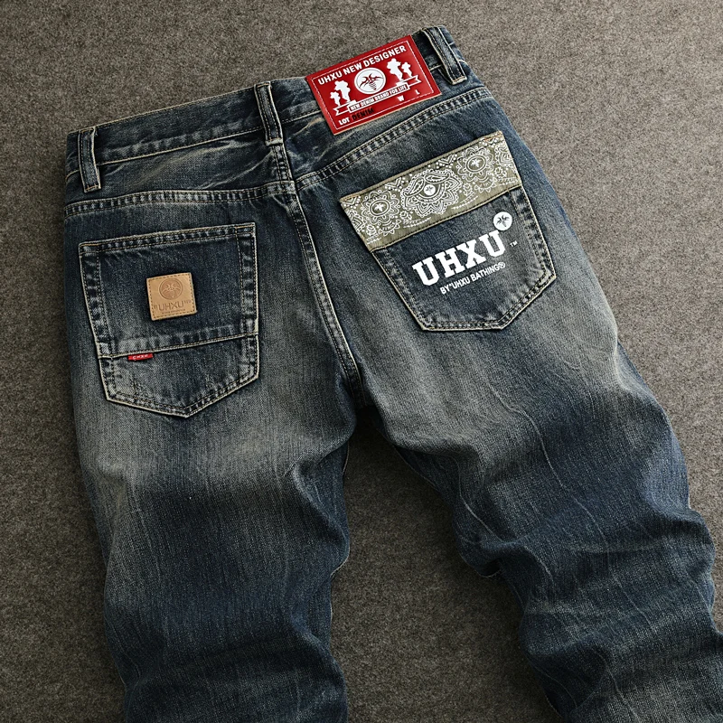 

Hombrestreet fashion men's jeans high-quality retro washed blue straight leg split jeans men's printed retro denim pants homh
