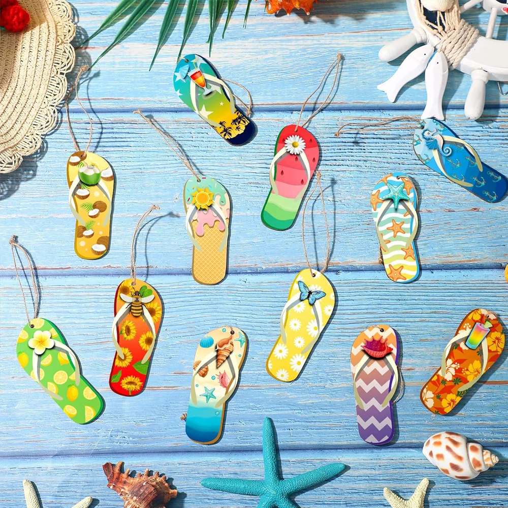12Pcs Summer Wood Hanging Ornaments Summer Flip Flop Wood Chip Hanging Tree Hanging Ornament Wood Tags Colorful Ornament image 4