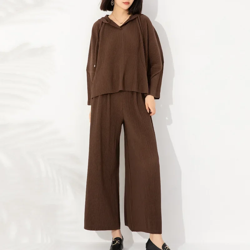 GGHK Miyake Pleated Women 2 Piece Set Pure Color Vintage Hooded Design Top High Waisted Loose Wide Leg Pants Female New Set