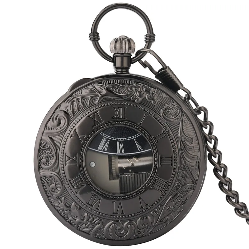 Steampunk Playing Song City Sky Music Clock Roman Number Men Women Handwind Quartz Pocket Watch with Clip Pendant Chain Gift