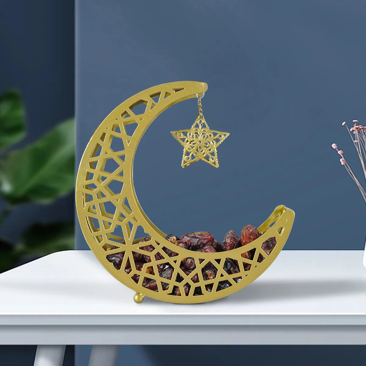 Golden Moon Star Candy Dessert Tray Islamic Festival Ornament Eid Mubarak Iron Plate 2024 Ramadan Home Party Decorations