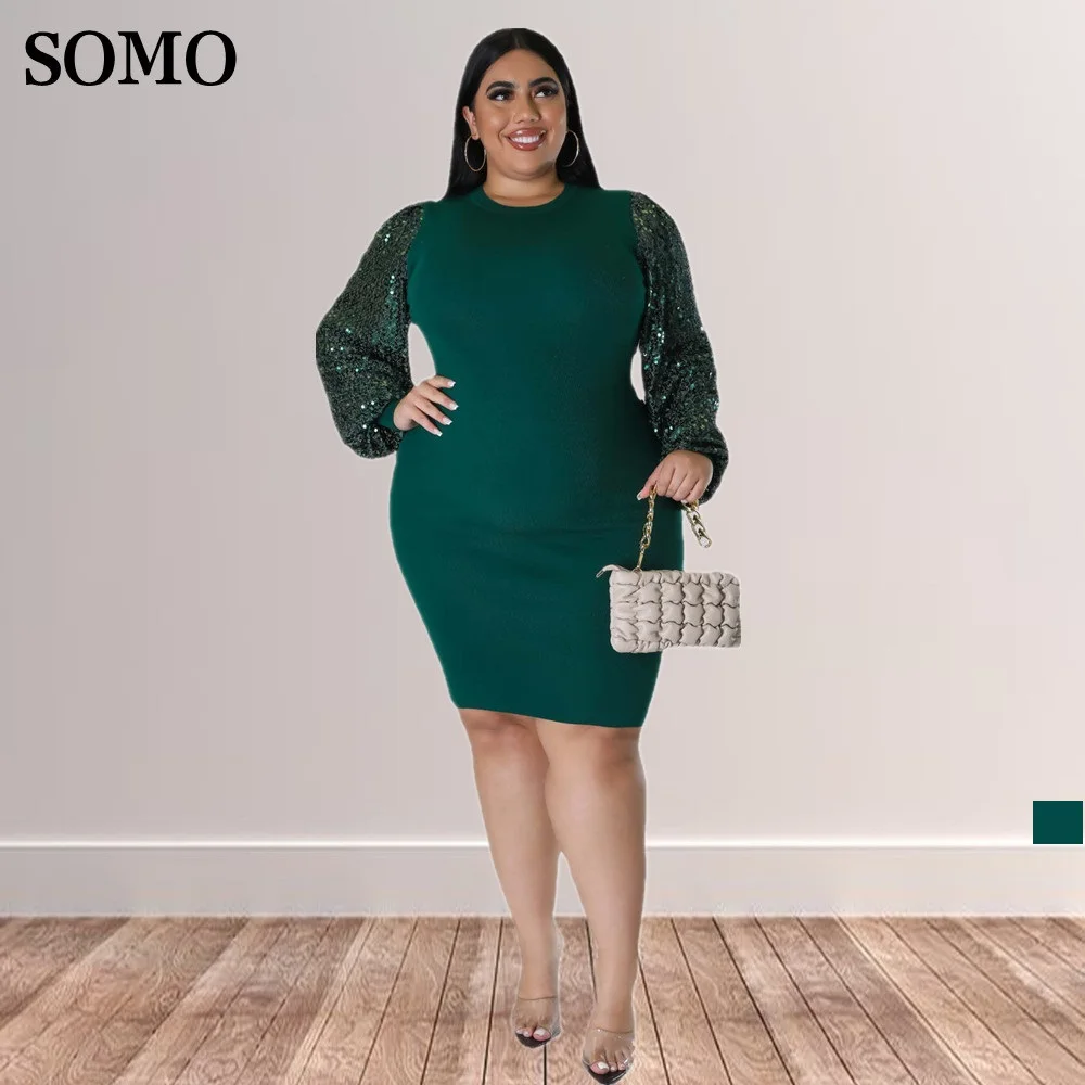 

SOMO 2022 Plus Size Autumn Clothing Fashion Sequins Patchwork Fat Women Sexy Pencil Dress Long Sleeve Wholesale Dropshipping