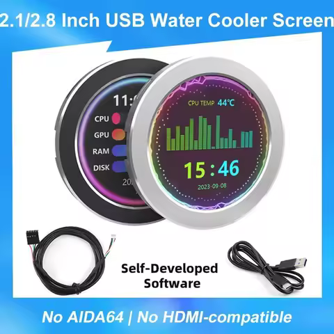 2.1 / 2.8 Inch USB Monitor Water Cooler Screen PC Case Secondary LCD 480x480 Music Spectrum Analysis NO AIDA64 for Wins 10 / 11