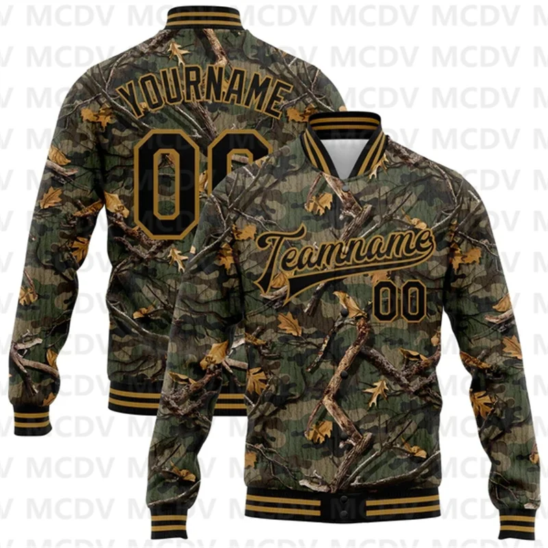 

Custom Camo Black-Old Gold Classic Wood Camouflage 3D Bomber Full-Snap Varsity Letterman Salute To Service Jacket