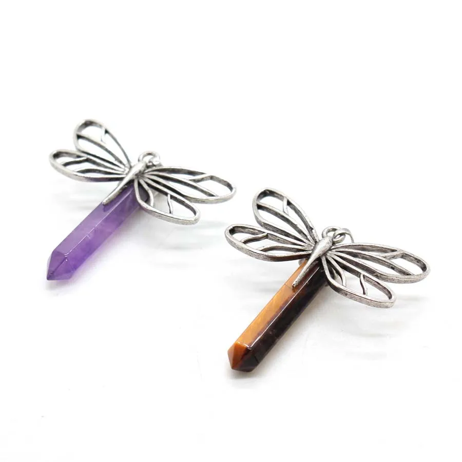 كريستال حجر اليعسوب المعلقات الجمشت الطبيعي روز كوارتز اللازورد العقيق عين النمر الأحجار الكريمة سداسية قلادة مجوهرات #5