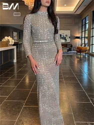 High Neck Beaded Celebrity Dress Long Sleeve Fully Lined Sheath Sexy Party Dress Women Prom Dresses Customized Robes De Soirée