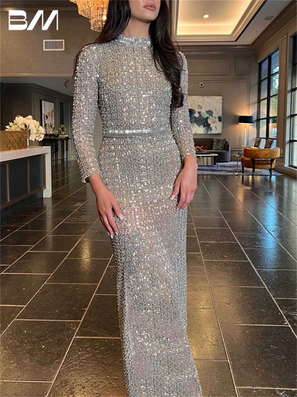 High Neck Beaded Celebrity Dress Long Sleeve Fully Lined Sheath Sexy Party Dress Women Prom Dresses Custom Made Robes De Soirée