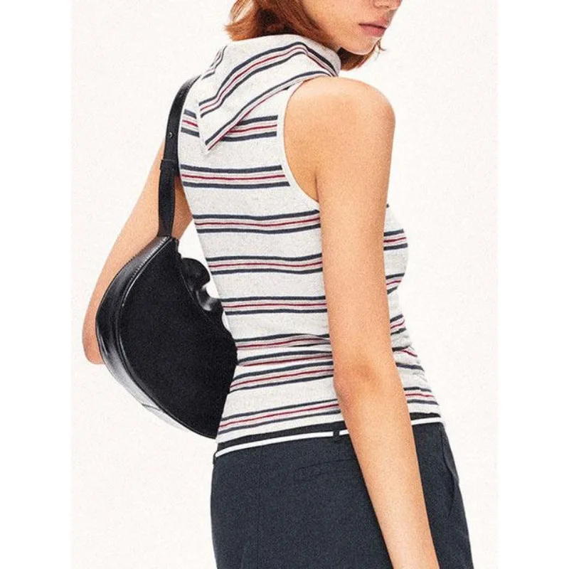 American Retro Striped Lapel Contrasting Vest Top Feminine Temperament Summer Slim Fit Sleeveless Hanging Neck T-shirt Ins Goth