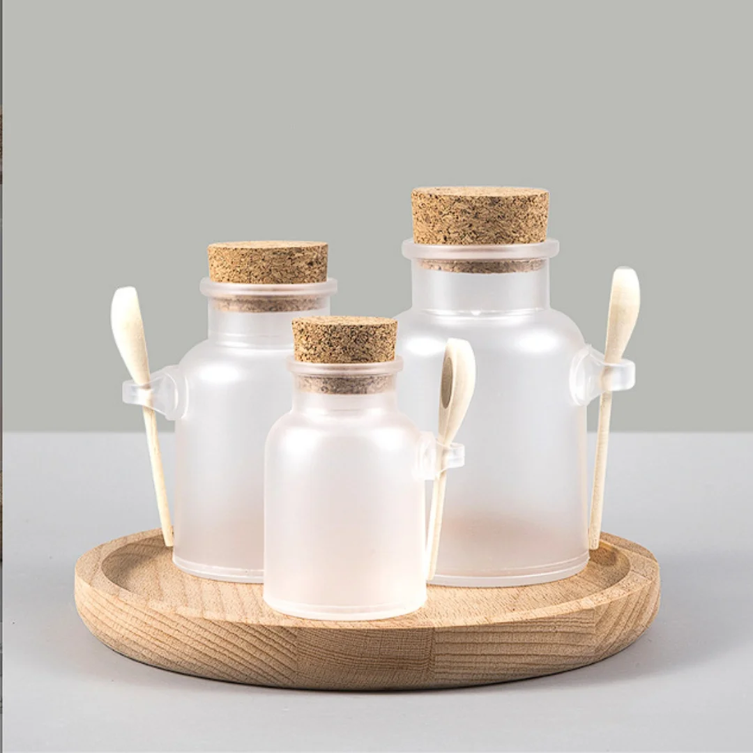 

12 x 100g 200g 300g 500g ABS Round Square Frosted Plastic Bath Bottle With Cork Stopper And Wooden Spoon Cat Mint Bottle