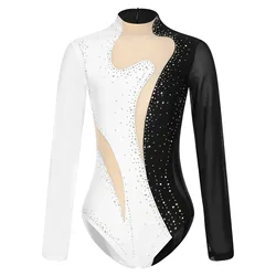 Womens Gymnastics Artistic Figure Skating Tight Fitting Jumpsuit Ballet Dance Leotards Sparkling Rhinestone Sheer Mesh Bodysuit