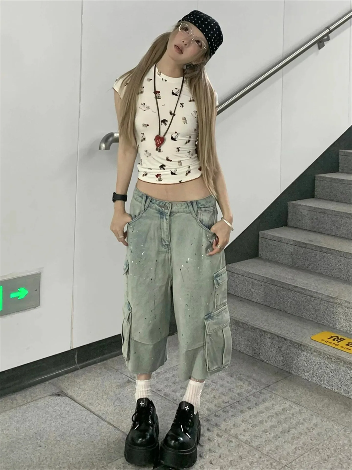 American Retro Splashed Ink Seven-Foot Women's Jeans Summer Loose Slimming Multi-Pocket Casual Wide-Leg Pants