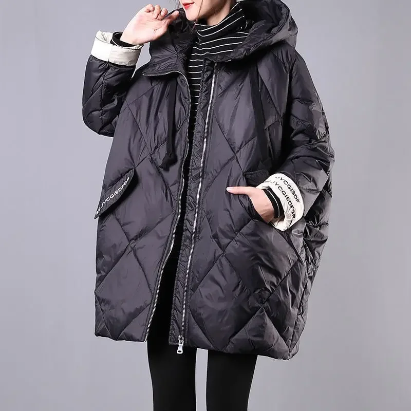 Fashionable Loose Fitting Parka for Women's Korean Winter Mid Length Fluffy Hooded Pocket Quilted Solid Color Warm Jacket 2023