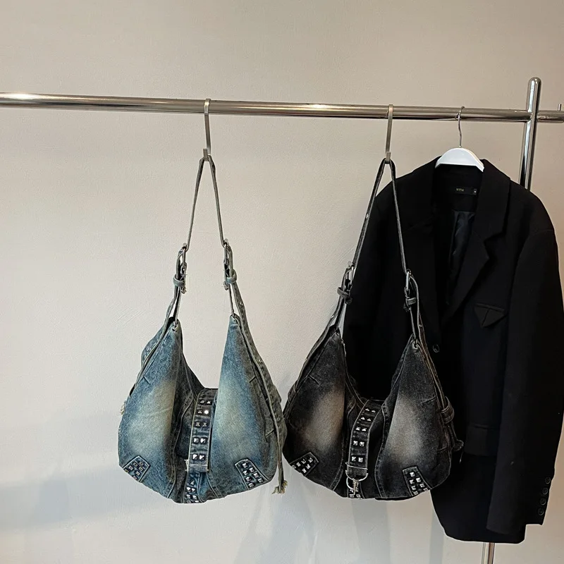 

Spacious Washed Denim Tote Bag, Women's Commuter Crossbody Shoulder Bag, Casual Day to Night Purse, Minimalist Sling Bag