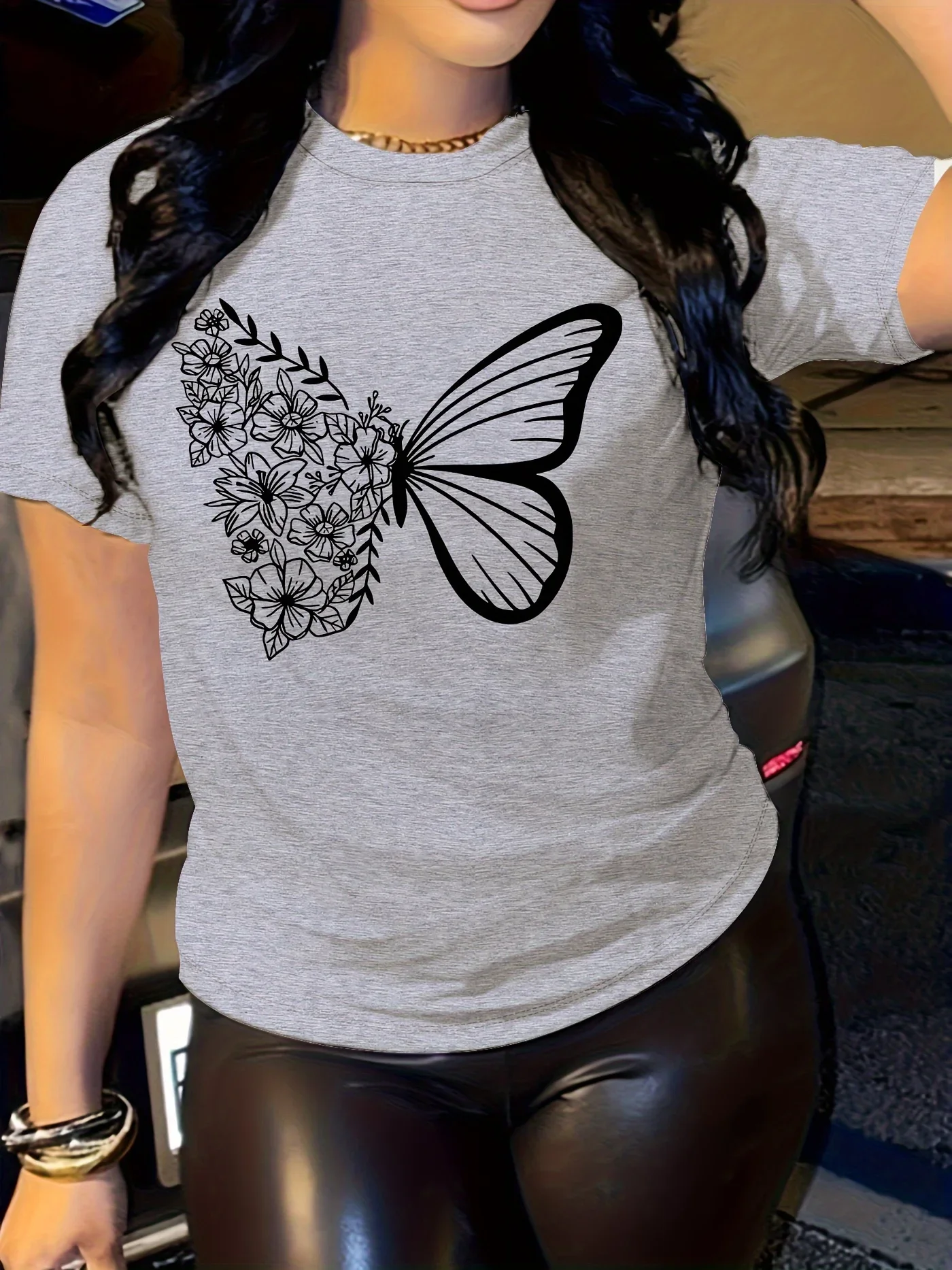 Butterfly printed T-shirt short sleeved round neck casual top summer and spring women's clothing