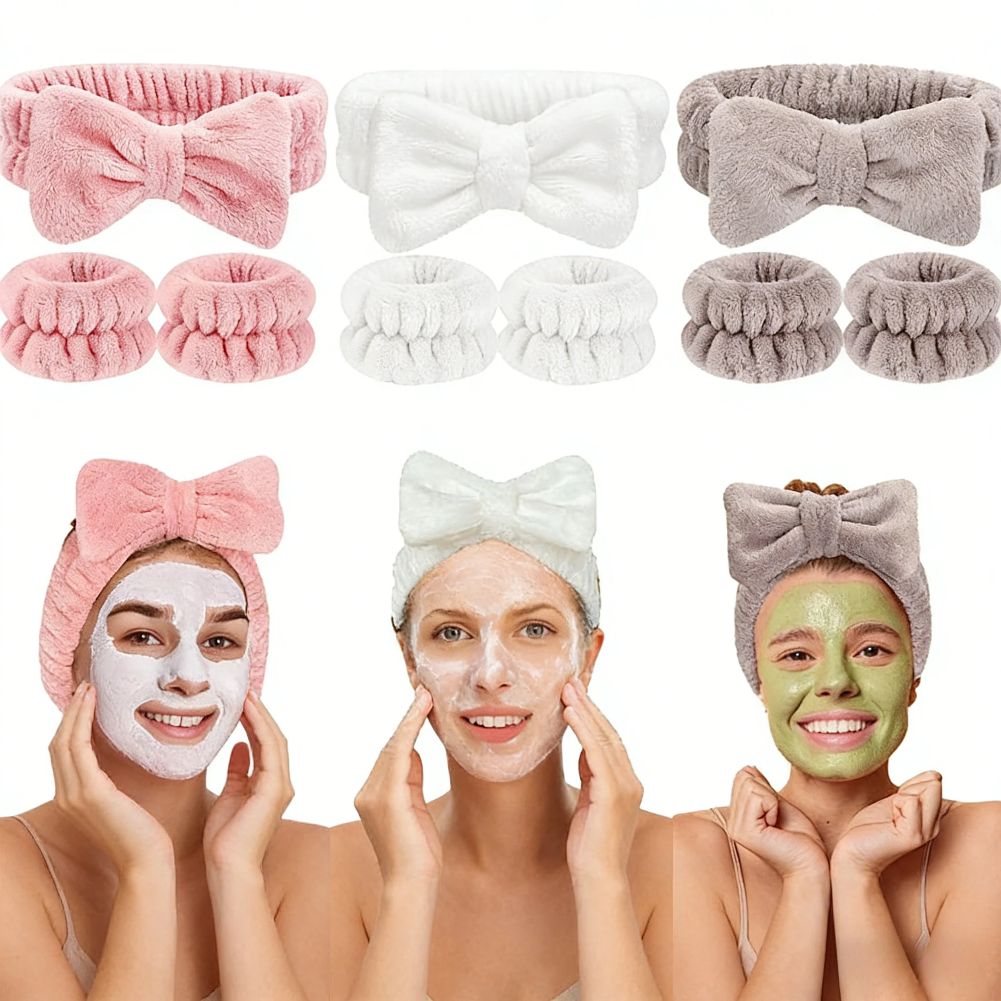 Waterproof Headband and Wristband Set for Face Washing Prevent Water Stains Soft Adjustable Bow Hairband for Skincare Makeup