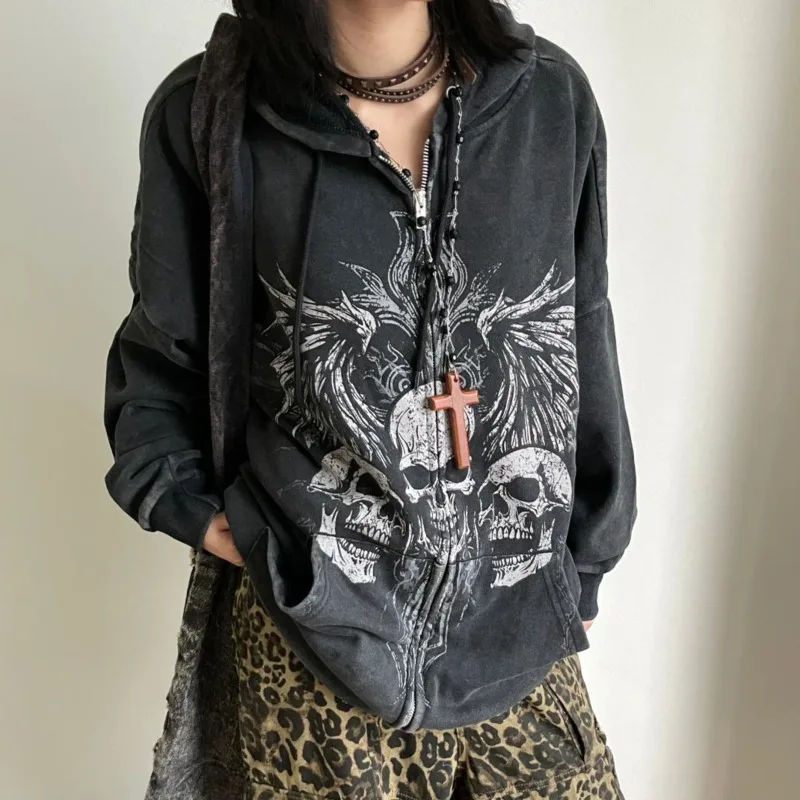 Y2K Gothic Skull Graphic Zipper Hooded Sweatshirt Women 90s Vintage Punk Harajuku Emo Hoodies Oversize Jogging Outerwears Female