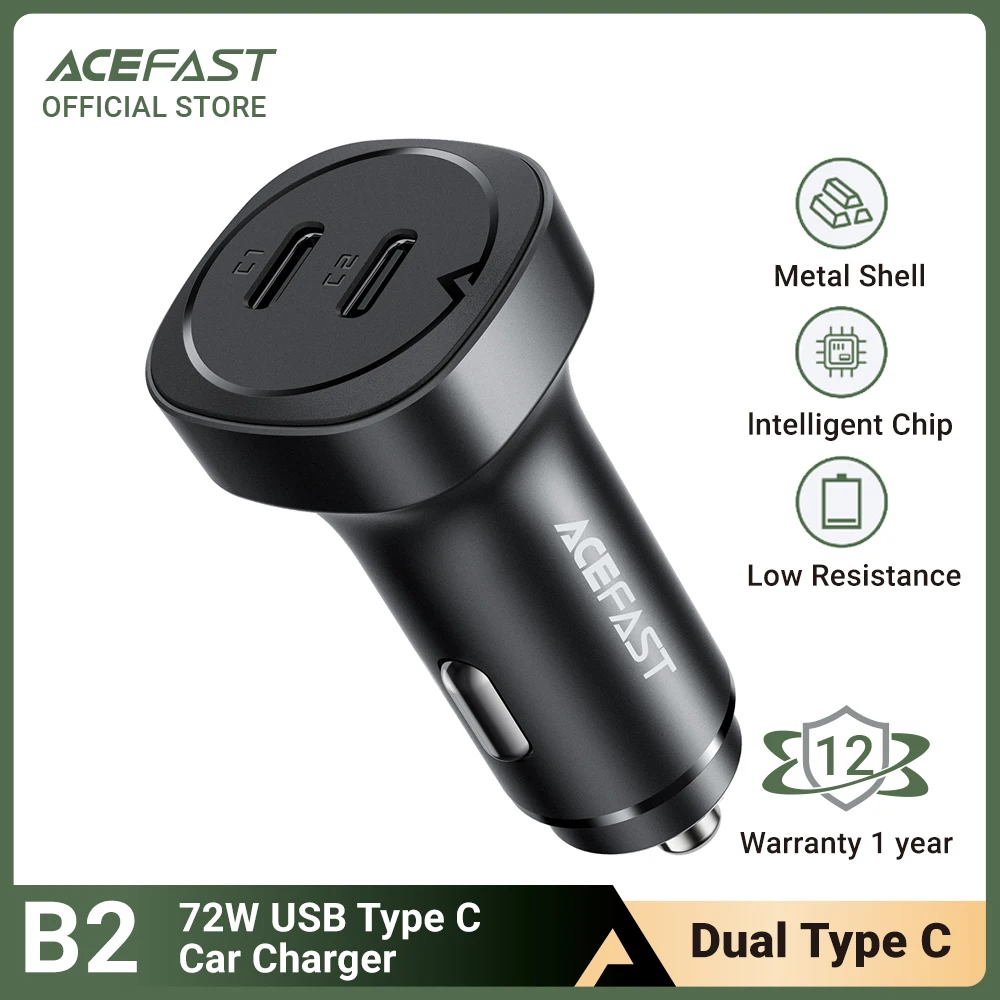 

ACEFAST 72W Dual Type C Car Charger For Samsung S20 S21 Plus Mobile Phone Quick Charging PD30W QC3.0 Car Charger For iPad Tablet