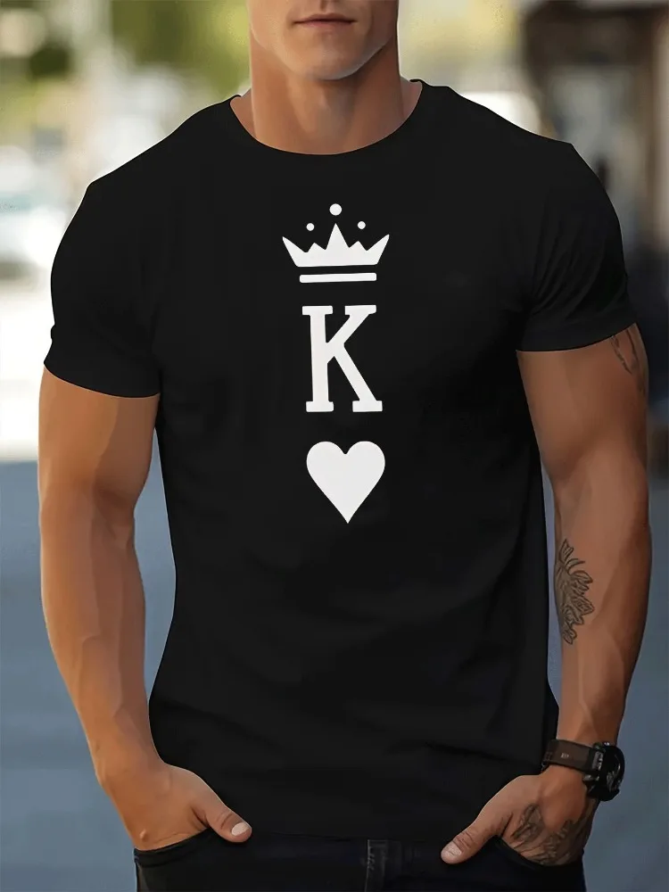 Men Summer Cotton Short Sleeve T Shirt King K Crown Heart Spade Print Crew Neck Casual Loose Poker Street Fashion Male Tee