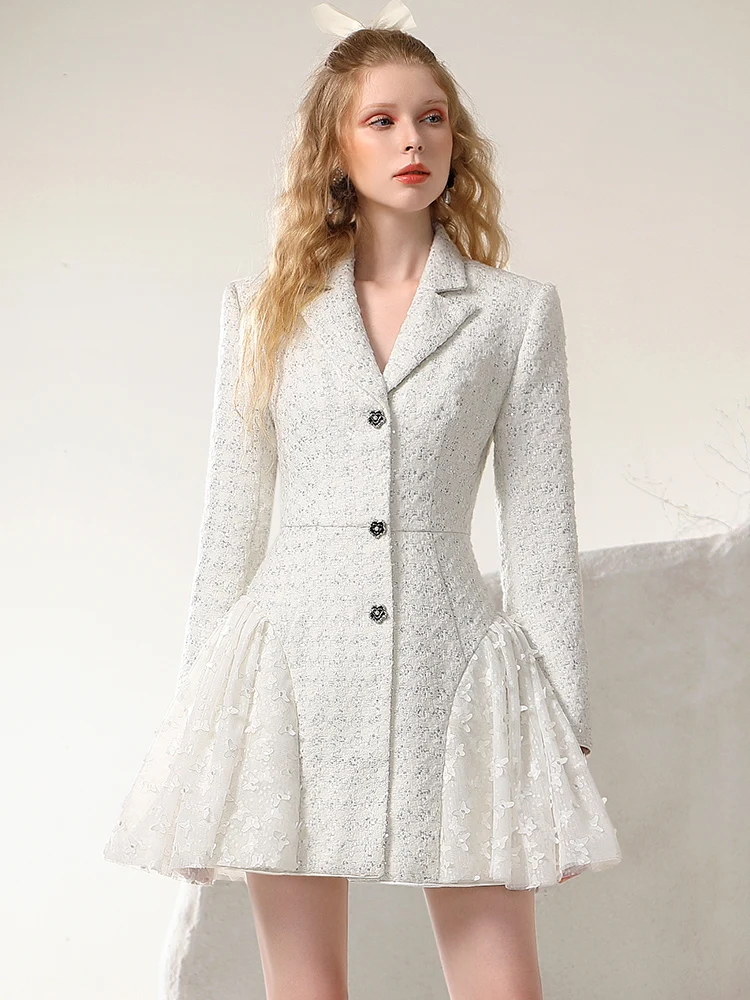 High-End Designer Model Flower Design White Woolen Dress Spring and Autumn New Socialite Elegant Sequins Stitching Dress Women