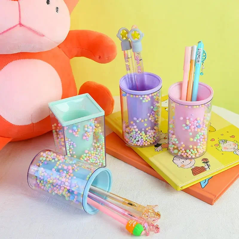 Creative Desktop Large Capacity Squar Shape Pencil Case Cute Foam Ball Style Transparent Pen Holder Decoration Storage