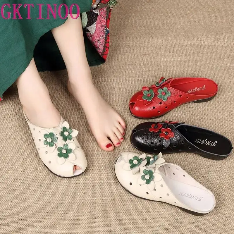 GKTINOO Genuine Leather Flat Shoes Women Sandals Slippers Closed Toe Summer Women Shoes Cut-Out Handmade Flower Slides