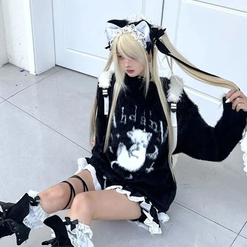 Subculture Demon Kitten Sweater Women Anime Long Sleeve Black Knit Pullover Fall Winter O Neck Loose Casual Harajuku Y2K Top