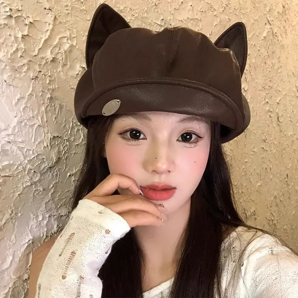 

New Cat Ear Newsboy Hat Solid Color PU Leather Newsboy Cap Casual Personalized Beret Hat Autumn Winter