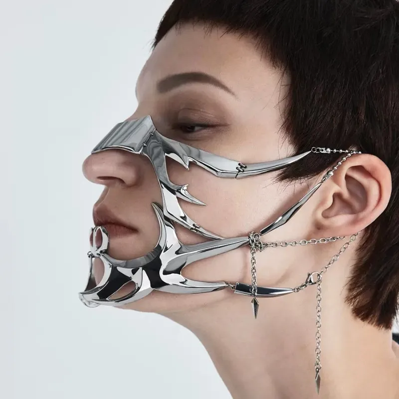 Boucle d'oreille de masque de fête CyberPunk pour hommes et femmes, liquide, irrégulier, argent, document, creux, acier au titane, accessoires qualifiée aux, luxe