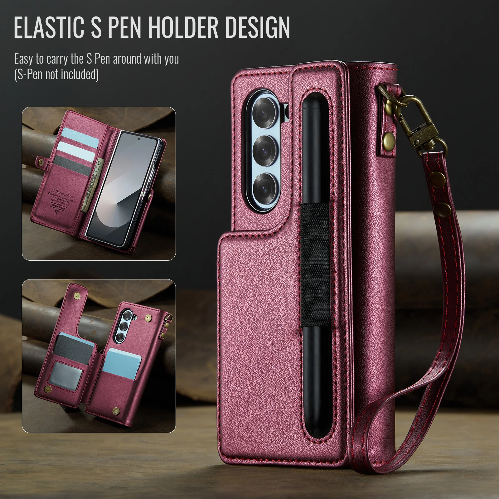For Samsung Galaxy Z Fold 6 Phone Case with RFID Card Slots Kickstand Flip Leather Wallet Cover with S Pen Holder & Lanyard