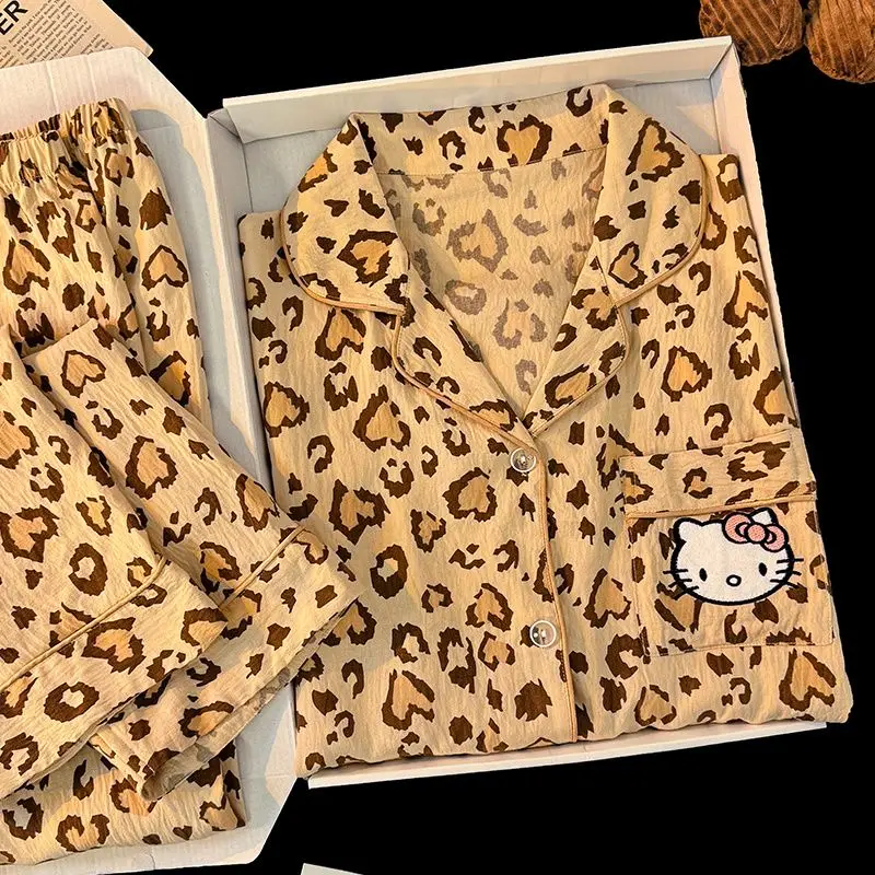 

Женские пижамные комплекты с леопардовым принтом «Hello Kitty», кавайные осенние штаны с длинными рукавами и героями мультфильмов, одежда для сна, сексуальная домашняя одежда, новинка